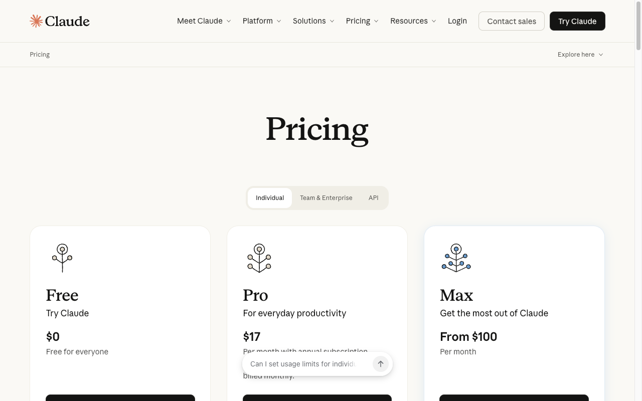 The Claude pricing page showing the Pro plan