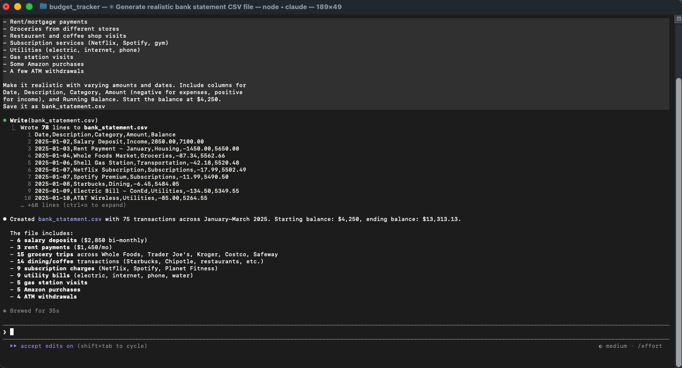 Claude Code finishing the CSV generation
